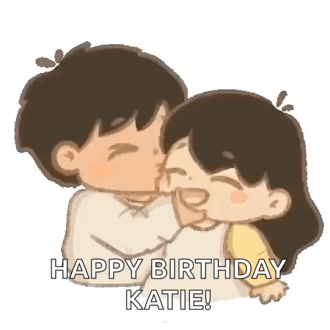 A Cartoon Of A Boy Kissing A Girl On The Cheek And Saying Happy Birthday Katie . GIF