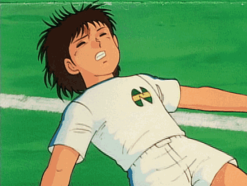 a cartoon of a boy laying on the ground with the word his on the bottom