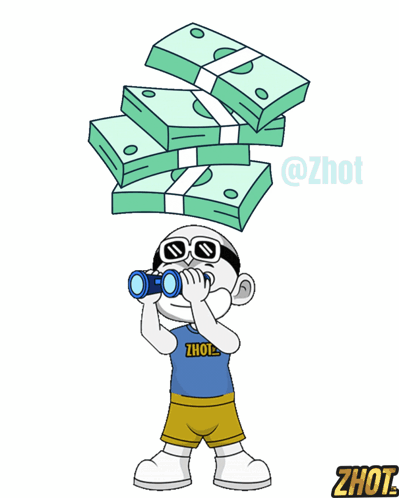 A Cartoon Of A Boy Looking Through Binoculars With A Stack Of Money Behind Him GIF