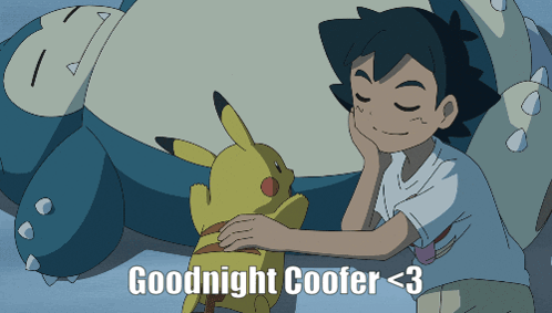 a cartoon of a boy petting a pikachu with the words goodnight coofer < 3