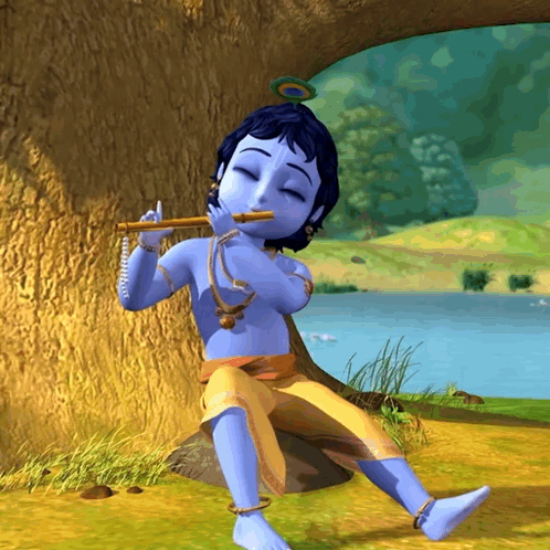 A Cartoon Of A Boy Playing A Flute While Sitting Under A Tree GIF