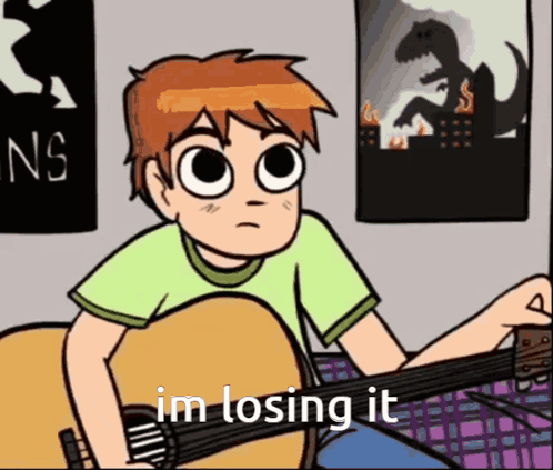 A Cartoon Of A Boy Playing A Guitar With The Words I 'M Losing It Above Him GIF