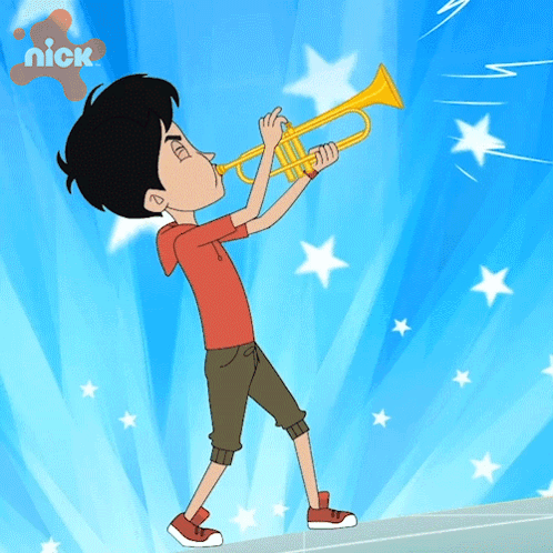 A Cartoon Of A Boy Playing A Trumpet With A Nick Logo In The Background GIF