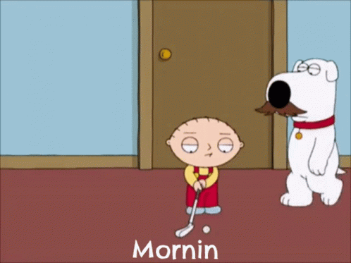 A Cartoon Of A Boy Playing Golf With The Word Mornin On The Bottom Right GIF