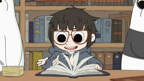 A Cartoon Of A Boy Reading A Book With A Panda Bear Behind Him GIF