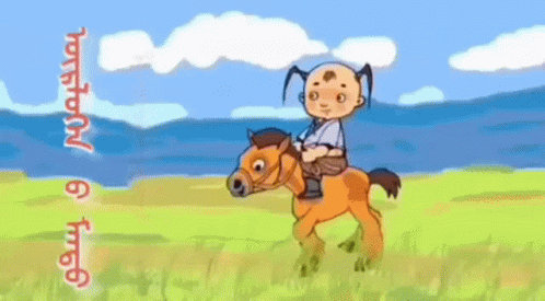 A Cartoon Of A Boy Riding On The Back Of A Horse In A Field GIF