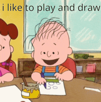 A Cartoon Of A Boy Sitting At A Table With The Words " I Like To Play And Draw " GIF