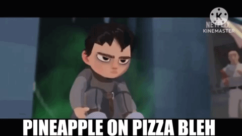 A Cartoon Of A Boy Sitting On A Chair With The Words `` Pineapple On Pizza Bleh '' Written On It . GIF