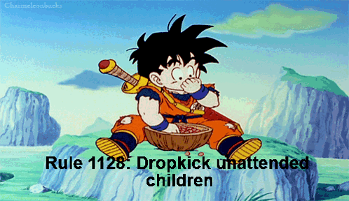 A Cartoon Of A Boy Sitting On A Rock With The Words Rule 1128 Dropkick Unattended Children Written Below Him GIF