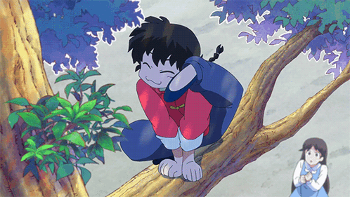 Boy Sitting On Tree Branch With Girl Behind GIF