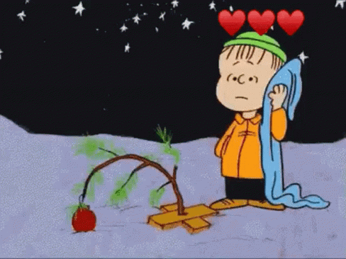 A Cartoon Of A Boy Standing Next To A Christmas Tree With Three Hearts Above Him . GIF