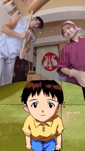 A Cartoon Of A Boy Standing Next To A Man Holding A Stick GIF