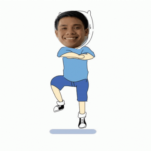 a cartoon of a boy standing on one leg with his arms crossed and smiling