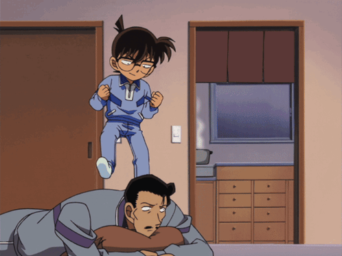 A Cartoon Of A Boy Standing On Top Of A Man Laying On The Floor GIF