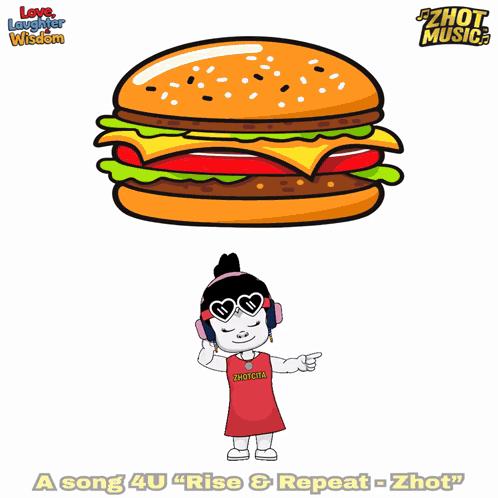 A Cartoon Of A Boy Surrounded By Hearts Next To A Hamburger With The Words Love Laughter Wisdom On The Bottom GIF