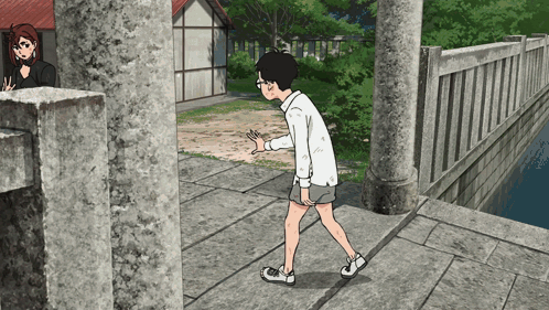 A Cartoon Of A Boy Walking On A Stone Walkway GIF