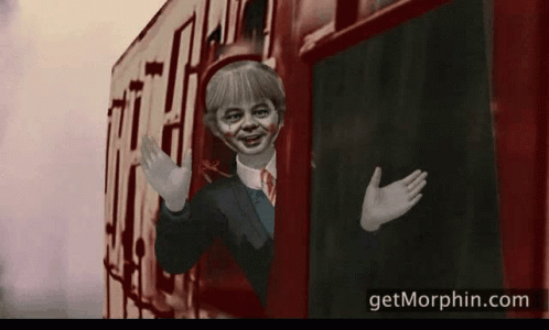 A Cartoon Of A Boy Waving From A Train With The Website Getmorphin.com Visible GIF