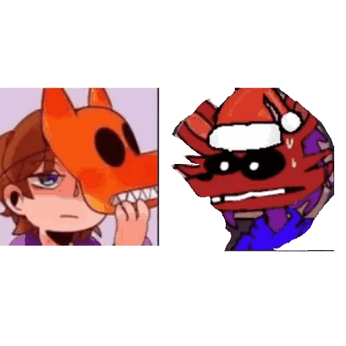 a cartoon of a boy wearing a mask next to a cartoon of a red fox wearing a santa hat