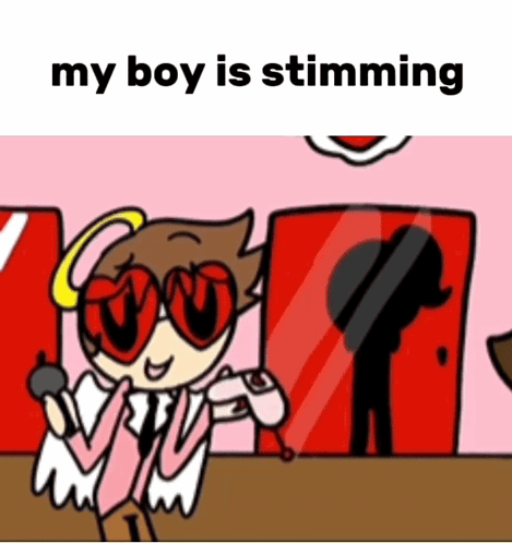 A Cartoon Of A Boy Wearing Heart Shaped Glasses And Holding A Microphone With The Caption " My Boy Is Stimming " GIF