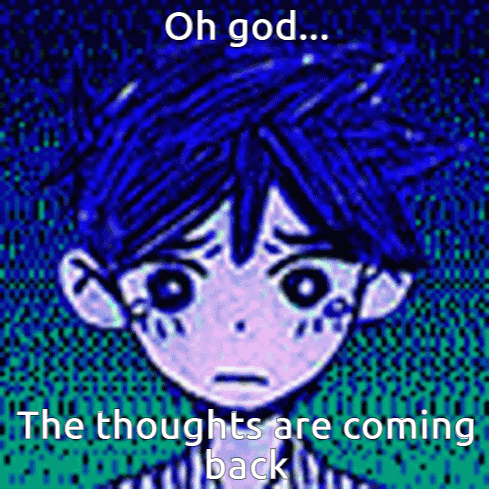 A Cartoon Of A Boy With Blue Hair And A Caption That Says `` Oh God ... The Thoughts Are Coming Back '' . GIF
