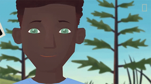A Cartoon Of A Boy With Green Eyes And A Blue Shirt GIF