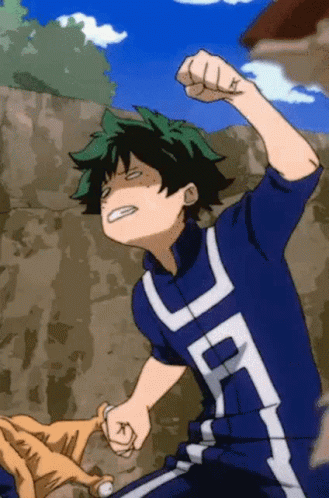 A Cartoon Of A Boy With Green Hair And A Fist In The Air GIF