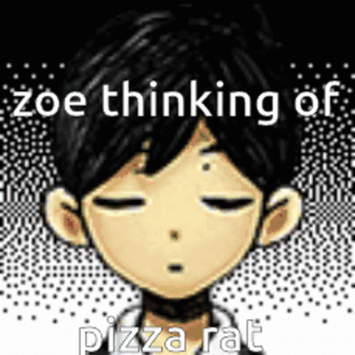 A Cartoon Of A Boy With His Eyes Closed And The Words `` Zoe Thinking Of Pizza Rat '' Written On It . GIF