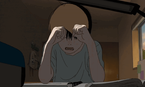 A Cartoon Of A Boy With His Hands On His Head GIF