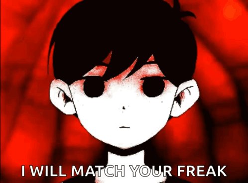 A Cartoon Of A Boy With Red Eyes And The Words I Will Match Your Freak Below Him GIF