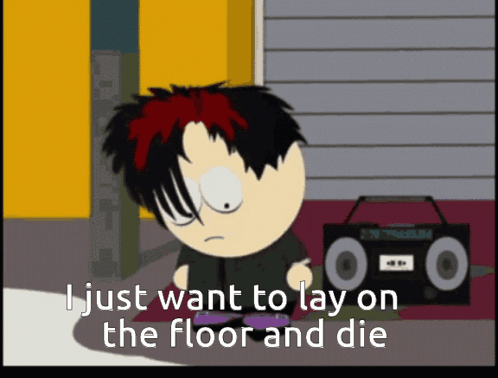 A Cartoon Of A Boy With Red Hair Says " I Just Want To Lay On The Floor And Die " GIF