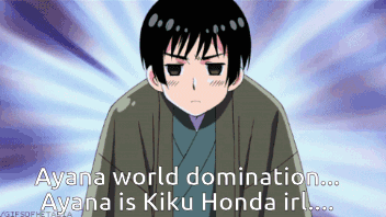 A Cartoon Of A Boy With The Words " Ayana World Domination ... Ayana Is Kiku Honda Irl ... " GIF
