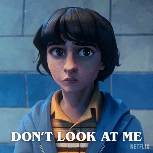 A Cartoon Of A Boy With The Words " Do N't Look At Me " Written Below Him GIF