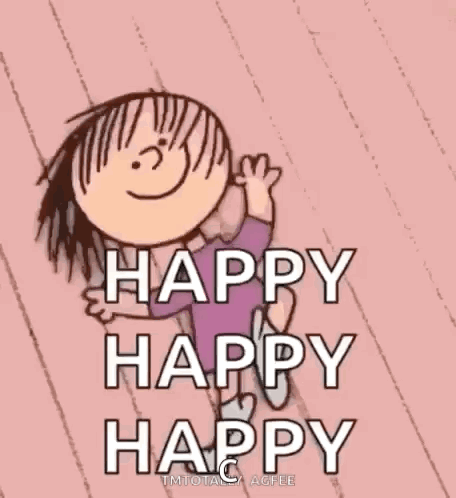 A Cartoon Of A Boy With The Words `` Happy Happy Happy '' Written On It . GIF