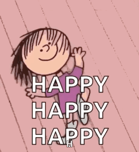 A Cartoon Of A Boy With The Words `` Happy Happy Happy '' Written On It . GIF
