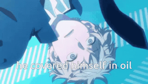 A Cartoon Of A Boy With The Words He Covered Himself In Oil Below Him GIF