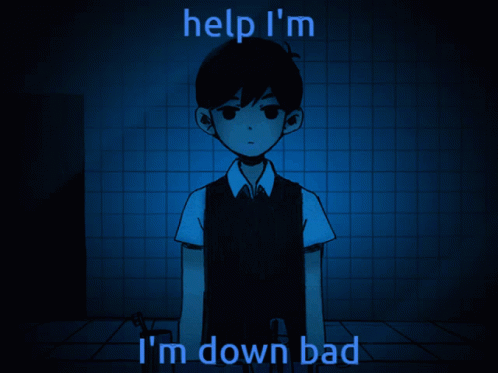 A Cartoon Of A Boy With The Words Help I 'M I 'M Down Bad Behind Him GIF