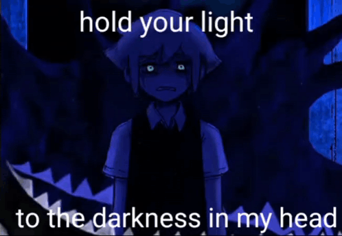 A Cartoon Of A Boy With The Words Hold Your Light To The Darkness In My Head Below Him GIF