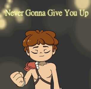 A Cartoon Of A Boy With The Words " Never Gonna Give You Up " Above Him GIF