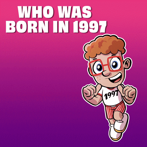 A Cartoon Of A Boy With The Words Who Was Born In 1997 Behind Him GIF