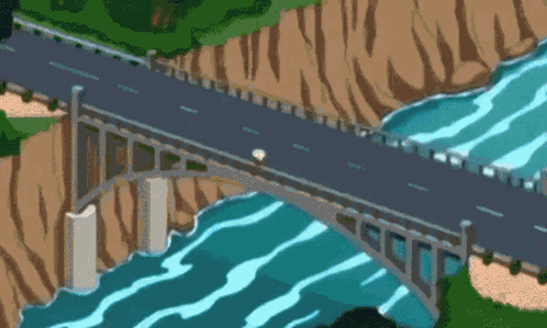 A Cartoon Of A Bridge Over A River With A Car On It GIF