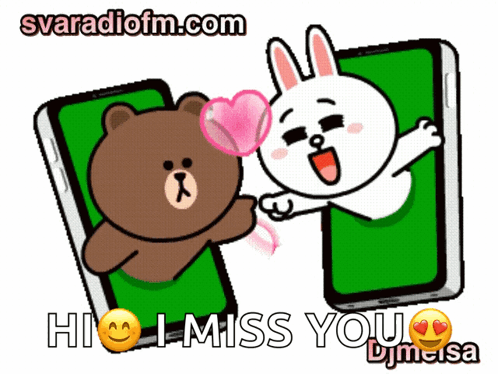 A Cartoon Of A Brown Bear And A White Rabbit With The Words " Hi I Miss You " GIF