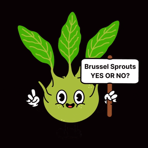 A Cartoon Of A Brussels Sprout Holding A Sign That Says Yes Or No GIF