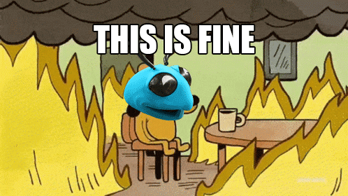 A Cartoon Of A Bug Sitting At A Table With The Words This Is Fine Above Him GIF