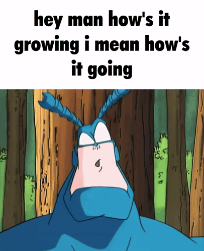 A Cartoon Of A Bug With The Words Hey Man How 'S It Growing I Mean How 'S It Going Below It GIF