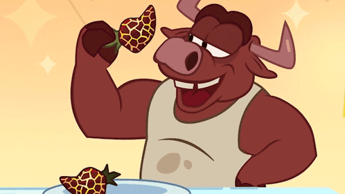 A Cartoon Of A Bull Eating A Strawberry GIF