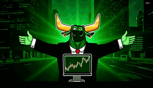 A Cartoon Of A Bull In A Suit Holding A Computer Monitor GIF