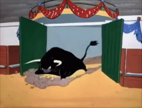 A Cartoon Of A Bull Laying On The Ground In A Ring GIF