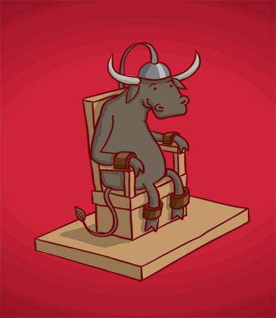 a cartoon of a bull wearing a helmet and chains sitting in a chair