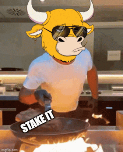 a cartoon of a bull wearing sunglasses and smoking a cigarette says " stake it " while cooking