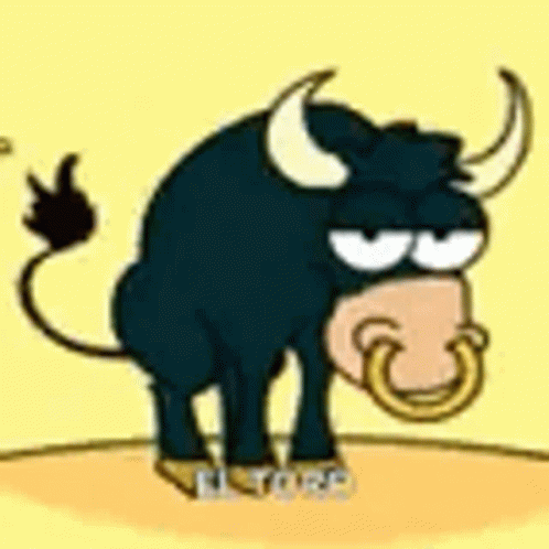 A Cartoon Of A Bull With Horns And A Ring In Its Nose . GIF